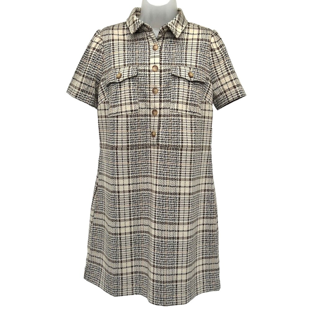 LOFT Plaid Shirt Dress Drop Waist A-Line Button Front Neutral Size 10 Academia